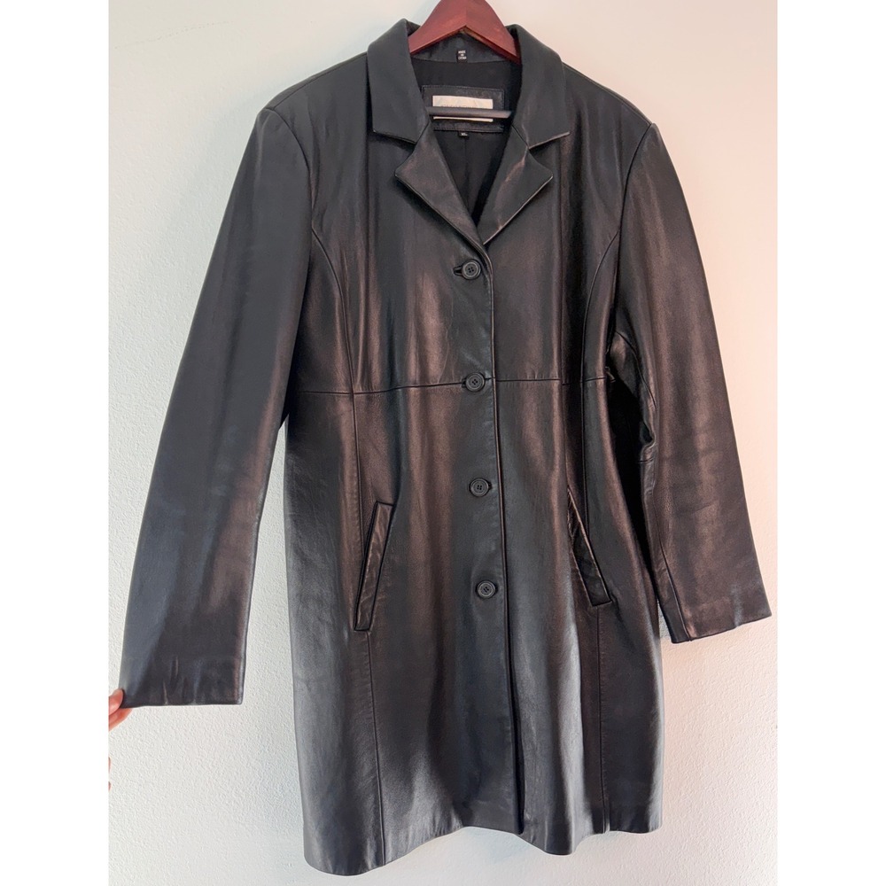 Vintage 90s Jones New York Black Leather Trench Coat Biker Street Mob Wife XL